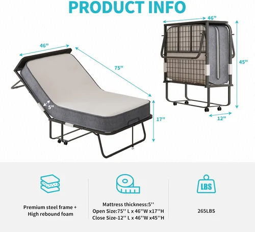 Vista 3 de CECER Cama plegable con colchón, cama plegable de 75" x 46" para adultos, colchón de espuma viscoelástica de 5 pulgadas de grosor, cama plegable