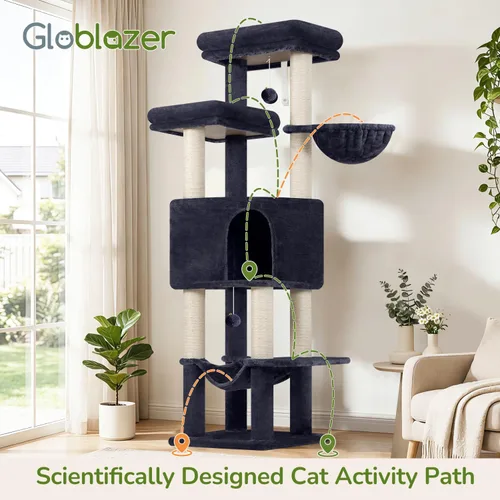 Vista 7 de Globlazer Torre de árbol alto para gatos adultos grandes, torre rascador grande de varios niveles de 65 pulgadas con hamaca, 6 postes rascadores