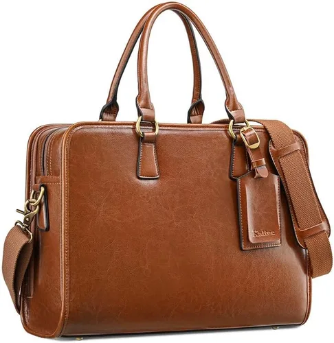 Vista 9 de Kattee Maletín de cuero genuino para mujer, bolsa de computadora portátil de gran capacidad con etiqueta de equipaje Negro