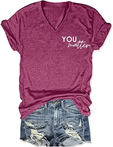 Vista 4 de Camiseta con texto en inglés "You Matter to The Person Behind Me" para mujer, camiseta casual de manga corta con cuello en V, camiseta inspiradora
