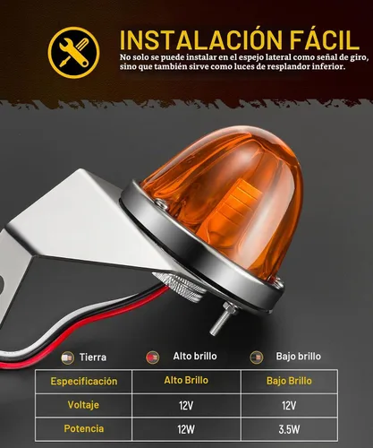 Vista 4 de Partsam 2 piezas de luces de sandía con lente de vidrio ámbar y soporte de acero inoxidable, [Patentado] luces intermitentes LED ámbar para espejo