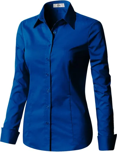 Vista 2 de EZEN - Blusa de manga larga, ajustada, elástica, con cuello de botones para mujer, para oficina, estilo formal, casual