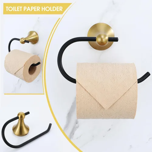 Vista 5 de Juego de Herrajes de Baño Dorado Cepillado y Negro, Kit de Accesorios de Baño Negro y Dorado de 4 Piezas de Acero Inoxidable Barra de Toalla de 23.6