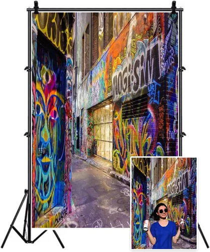 Vista 8 de AOFOTO Fondo de fotografía de pared de graffiti callejero colorido de 4 x 6 pies, decoración de fiesta de club, arte urbano, música punk, concierto