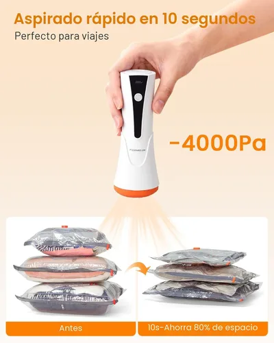 Vista 3 de Bolsas de sellado al vacío para ropa de viaje con bomba inalámbrica recargable, paquete de 9 bolsas de compresión ahorradoras de espacio