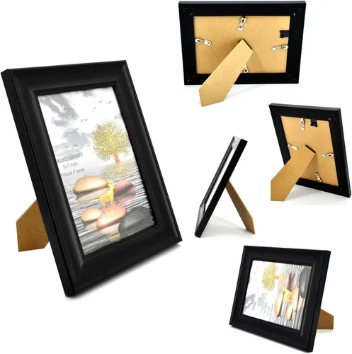 Vista 3 de Marcos de fotos de 3.5 x 5 pulgadas, diseño de madera negra, vidrio de alta definición para exhibición de mesa y montaje en pared, paquete de 4