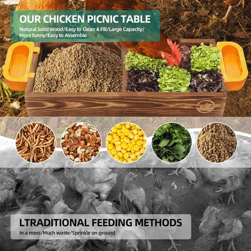 Vista 2 de Mesa de picnic de pollo, comedero de pollo sin desperdicios hecho a mano de madera carbonizada, kit grande de comedero de pollo para bricolaje