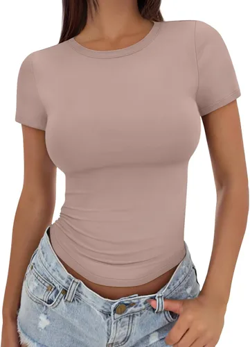 Vista 33 de Trendy Queen - Camisetas básicas para mujer, camisetas de verano, manga corta, ajustadas, linda ropa de entrenamiento para gimnasio Blanco