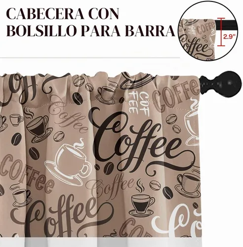 Vista 4 de Cortinas de Ventana de Cocina con Temática de Café, Juego de Cenefa y Niveles, Cortina Corta Marrón Estilo Granja con Bolsillo para Varilla