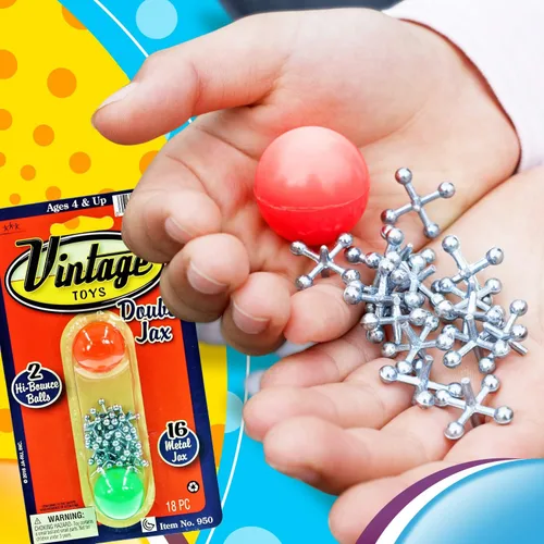 Vista 2 de JA-RU Vintage Toys - Juego de gatos de metal doble (paquete de 1) con 16 Jax y 2 pelotas rebotantes. Mini juego clásico para niños. Recuerdos