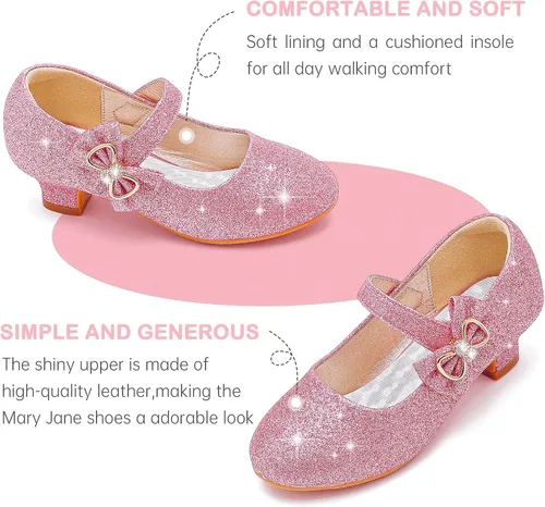 Vista 4 de Dufannie Zapatos de vestir para niñas, zapatos de tacón bajo de princesa, zapatos planos con purpurina para bodas y fiestas