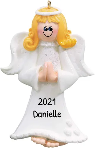 Vista 7 de Adorno de ángel personalizado 2025 – Adorno de ángel bebé rubio para niño, reloj de halo dorado, adornos de Navidad para bebé para alas de árbol