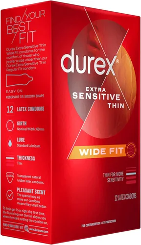 Vista 12 de Durex Preservativos de látex extra sensibles lubricados ultra finos de alta calidad, ajuste ancho, 12