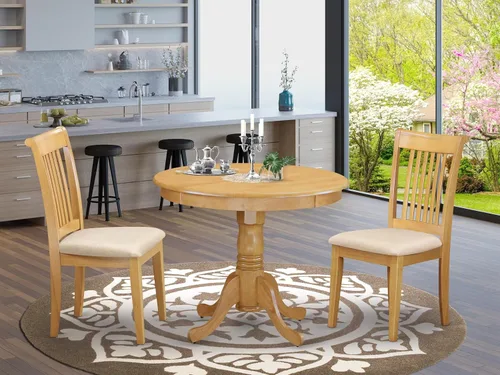 Vista 2 de East West Furniture ANPO3-OAK-C Juego de mesa y sillas de cocina de 3 piezas contiene una mesa de comedor redonda con pedestal y 2 sillas tapizadas