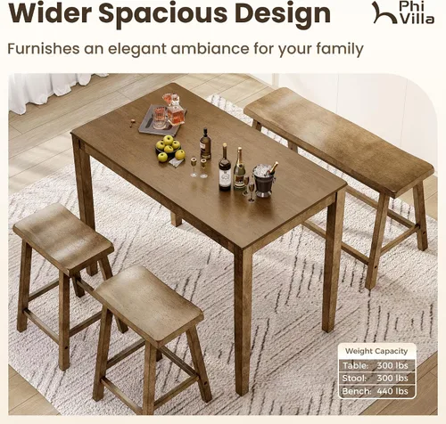 Vista 9 de PHI VILLA Juego de mesa de comedor de granja para 4 espacios pequeños, mesa y sillas de altura de mostrador con banco, juego de mesa de cocina alta
