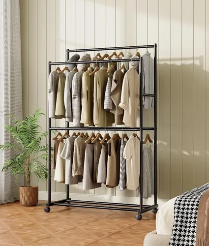 Vista 2 de Perchero de ropa de 36.2 x 21.3 x 72 pulgadas, 4 barras de doble barra de metal con ruedas para colgar ropa, perchero portátil con ruedas