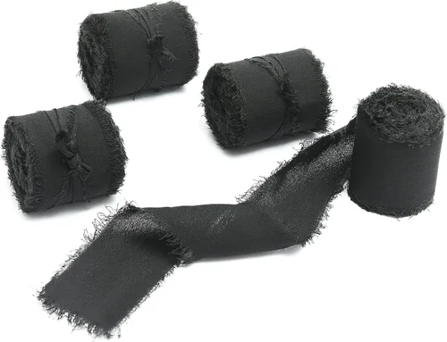 Vista 33 de 4 rollos de 1 pulgada de ancho x 5 yardas de largo, cinta de gasa con flecos hecha a mano, de chifón y seda, con bordes deshilachados