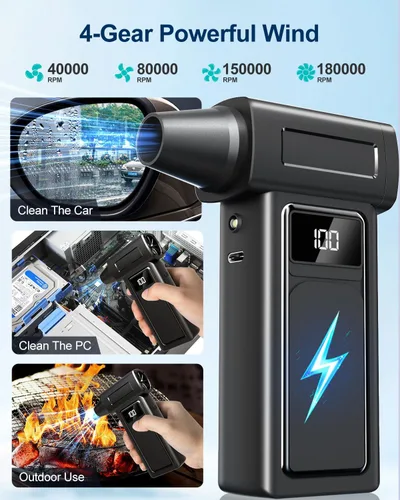 Vista 3 de Aspirador de aire eléctrico comprimido y aspiradora de mano para automóvil, batería 2 en 1-10000 mAh, 180000 rpm, soplador de aire echargeable de 4