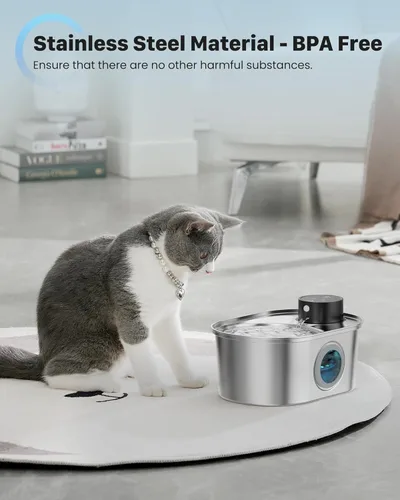 Vista 4 de Fuente de agua inalámbrica para gatos: fuente para mascotas de acero inoxidable operada por pilas, dispensador automático de agua inalámbrico