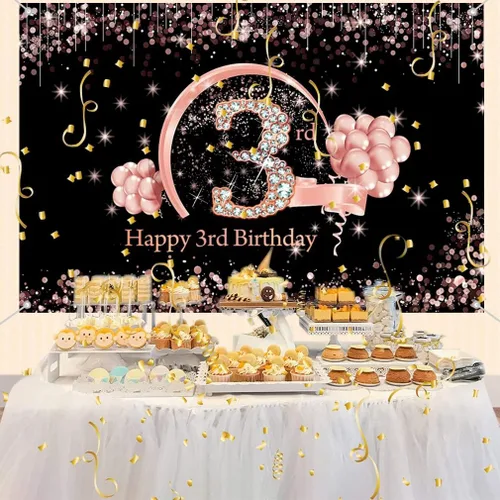 Vista 6 de Cartel de tela para decoración de cumpleaños de 3 años para niñas de 3 años, cartel de tela para cumpleaños de niña, fondo fotográfico negro y rosa