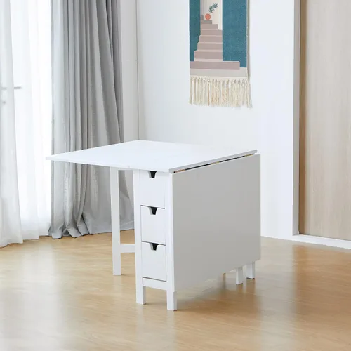 Vista 3 de Livinia Wings - Mesa de comedor de madera con patas de puerta, madera maciza expandible, con hoja caída, ahorro de espacio, con 6 cajones totalmente