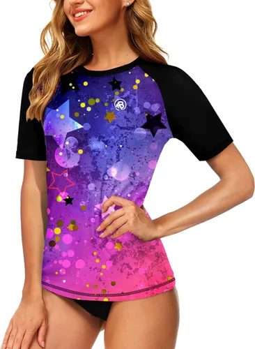 Vista 103 de AOBUTE Camisetas de natación de manga corta para mujer con protección solar degradada