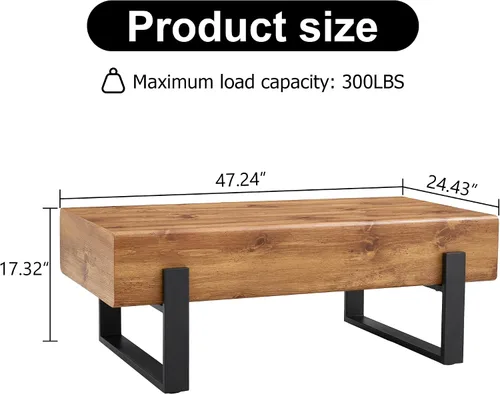 Vista 2 de Mesa de centro de madera, mesa central rectangular de 47.2 pulgadas con escritorio de MDF y patas de metal, moderna mesa de té de madera maciza