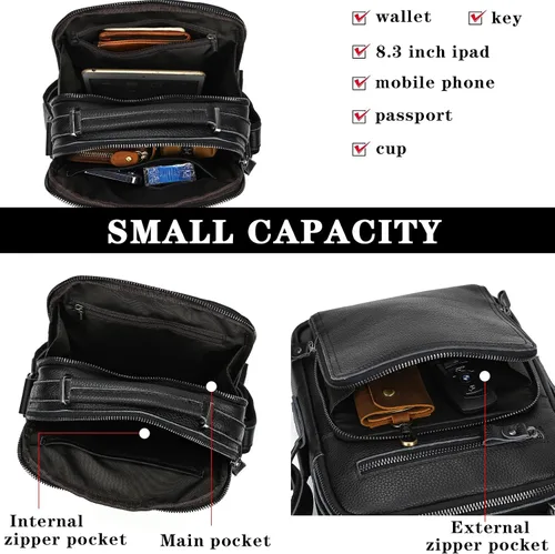 Vista 5 de Bolso pequeño de cuero para hombre, bandolera de cuero genuino y bolsa de hombro para hombres, bolsillos con cremallera, bolso de mano para hombre