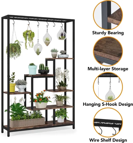 Vista 5 de LITTLE TREE Soporte alto para plantas de interior de 5 niveles, estante de metal grande de 70.9 pulgadas para macetas de bonsái, estante de Marrón