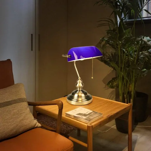 Vista 2 de FIRVRE Lámpara de escritorio de banqueros de cristal azul, lámpara de mesa ejecutiva brillante con interruptor de cadena de tracción, lámpara