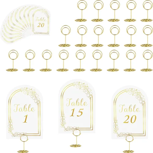 Vista 8 de JOYIT 21 juegos de tarjetas de mesa de boda del 1 al 20 y de la mesa principal con 21 soportes de números de mesas, tarjetas de números de oro negro