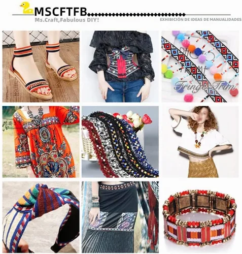 Vista 3 de MSCFTFB Diseños étnicos - Cinta jacquard tejida con flecos para accesorios de ropa, correas de adorno, cinturones, collares, manualidades, ancho