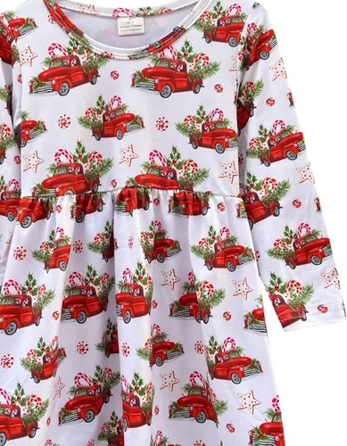 Vista 19 de Vestido de Navidad para niña pequeña, muñeco de nieve, árboles de Navidad, camión, a cuadros, reno, Papá Noel, vestido de invierno hasta la rodilla