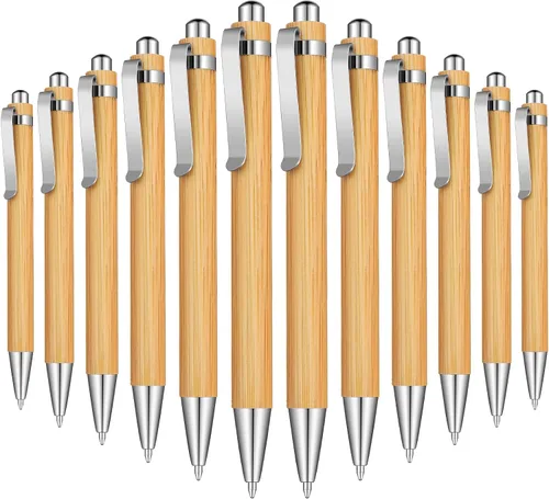 Vista 7 de Outus 12 bolígrafos retráctiles de madera de bambú, tinta negra, bolígrafos de 0.039 in, juego de productos para regalos, escritura, oficina