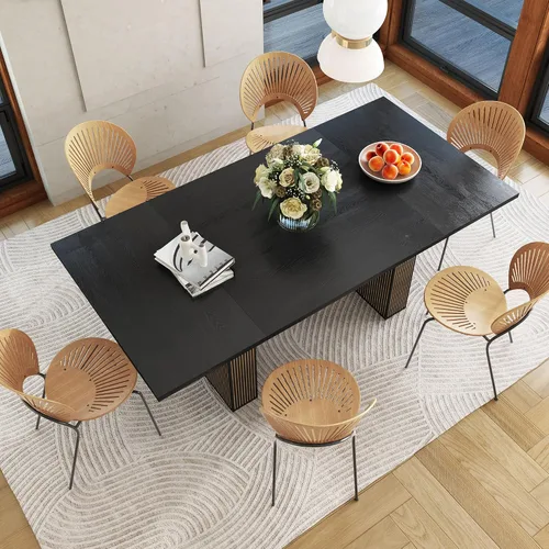 Vista 3 de Mesa de comedor rectangular de 198 cm para 6 a 10 personas, mesa de cocina estilo granja con estrías, mesa larga de madera moderna para cocina