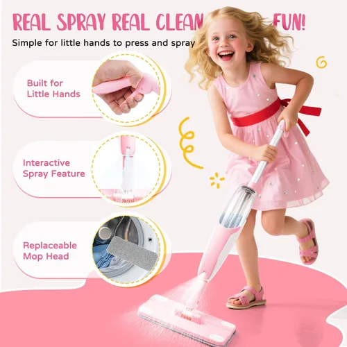 Vista 3 de Juego de juguetes de limpieza para niños, mini trapeador de aerosol rosa, juguetes Montessori, herramienta de limpieza para niños pequeños