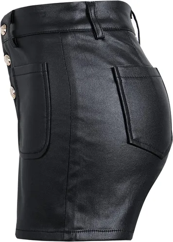 Vista 2 de Womens Faux Leather Shorts Hight Waiste Button Up-PU Leather Short