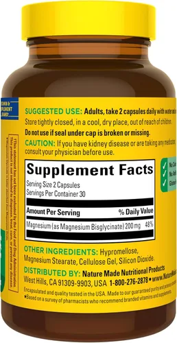 Vista 8 de Nature Made - Glicinato de magnesio 200 mg por porción, suplemento de magnesio para el apoyo muscular, cardíaco, nervioso y óseo, 60 cápsulas