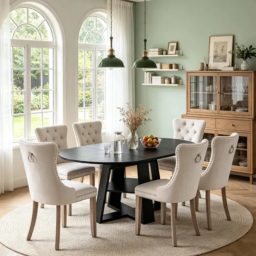 Vista 19 de Juego de 4 mesas de comedor redondas de 5 piezas para 4, 43.3 a 59 pulgadas, extensibles, redondas a ovaladas, juego de 4, mesas de comedor de Mesa