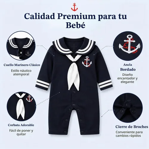 Vista 3 de stylesilove Mameluco de algodón marinero marino para bebé niño con sombrero y corbata 3 piezas traje de vacaciones Azul marino: manga larga.