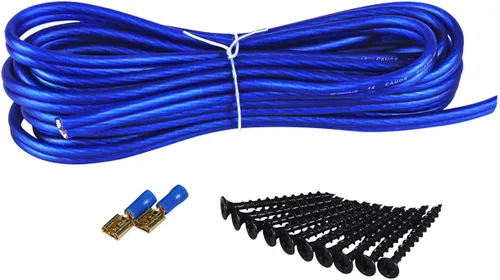 Vista 2 de Kit de instalación de caja de subcaja doble: cable de altavoz, tornillos, terminales de pala Includes 20ft 14 AWG Blue Wire, 20 Wood Screws, 4