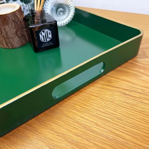Vista 5 de Bandeja grande verde, elegante bandeja de plástico para mesa de café estilo otomano, decoración del hogar, para sala de estar. 16.7" * 12" * 1.6