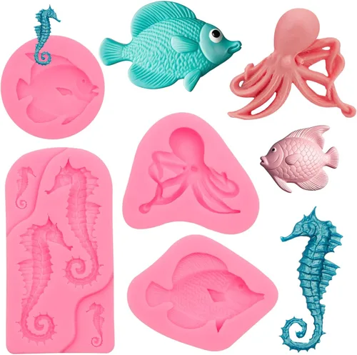 Vista 13 de Moldes para fondant de cuerno de concha, molde de conchas de chocolate con estrellas de mar marinas y tortugas para decoración de pasteles, arcilla