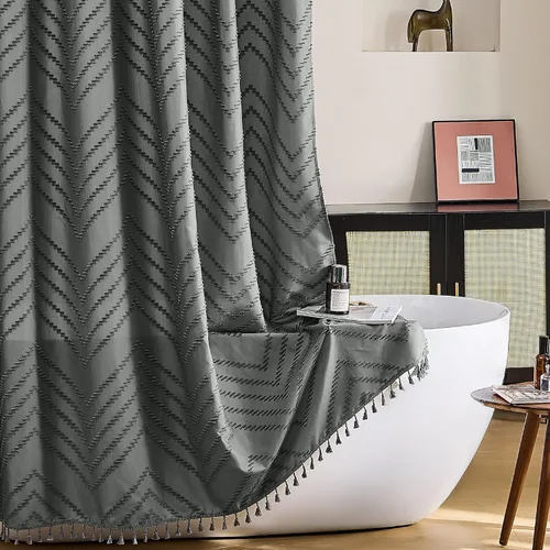 Vista 25 de Cortina de ducha Siiluminisoy de 36x72 beige, cortina de ducha de tela de tamaño pequeño, cortinas de ducha de tela con tufting, diseño chevron a