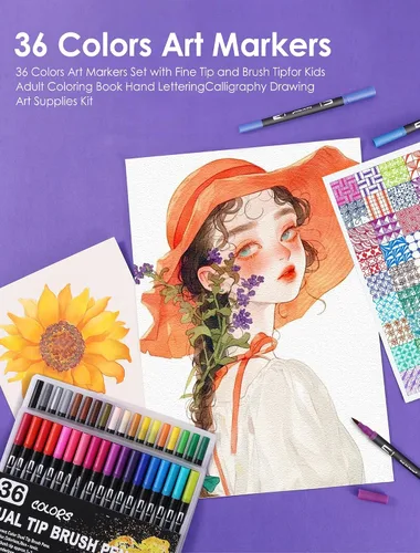 Vista 6 de TOSHARE Marcadores de acuarela de 36 colores y punta fina de doble punta para libros de colorear para adultos, bolígrafos de pintura sin sangrado