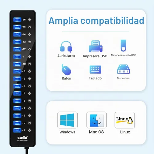 Vista 5 de Hub USB 3.0 de alimentación, divisor USB atolla de 16 puertos con adaptador de corriente de 12 V/6 A e interruptores individuales, transferencia
