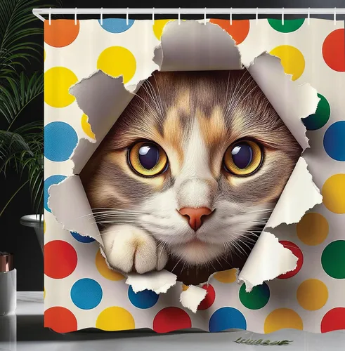 Vista 8 de Ambesonne Cortina de ducha de gato, diseño bohemio de estilo étnico con poses de gatitos sentados y acostados, juego de decoración de baño de tela