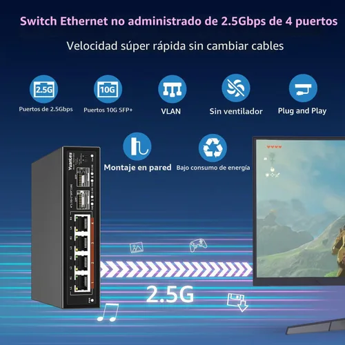 Vista 2 de Switch Ethernet no gestionado de 6 puertos 2.5G, 4 puertos Base-T de 2.5G, 2 SFP de 10G, compatible con 100/1000/2500Mbps, VLAN, sin ventilador
