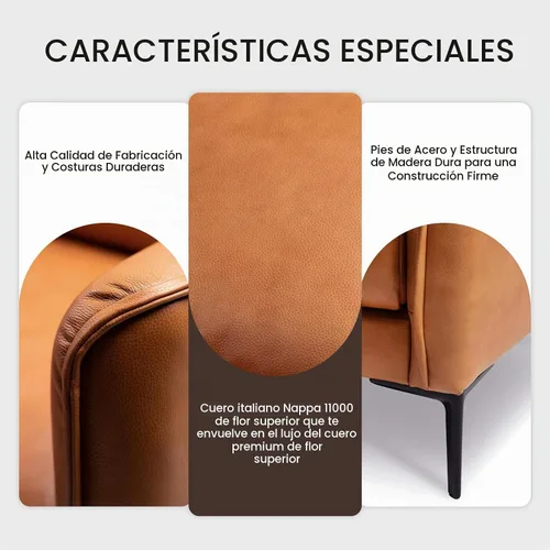 Vista 5 de Valencia Jasper - Sofá completo de cuero de 3 plazas de 85 pulgadas, color marrón coñac, sofá de mediados de siglo con 2 almohadas para muebles