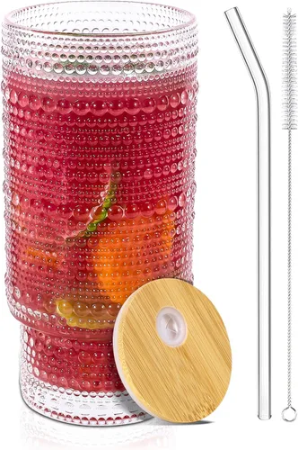 Vista 10 de Vasos de vidrio de 15 onzas con tapas y pajitas, cristalería vintage en relieve para whisky, cóctel, cerveza, taza de café helado con tapa